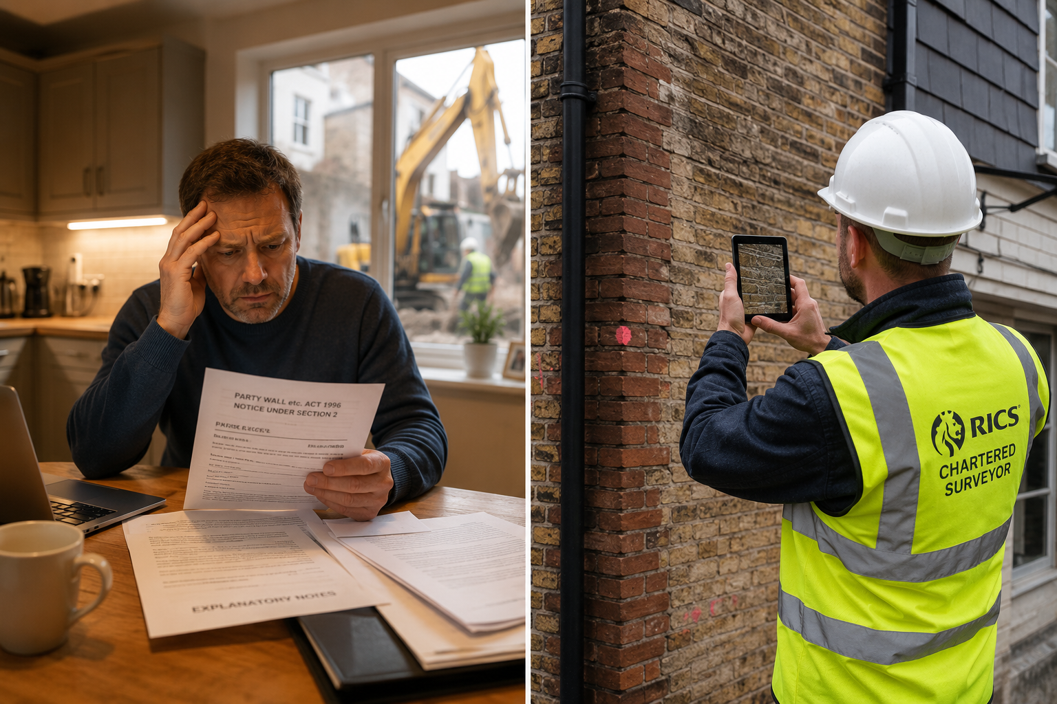 () split-scene image showing left side: a stressed London homeowner reviewing legal party wall notice documents at kitchen