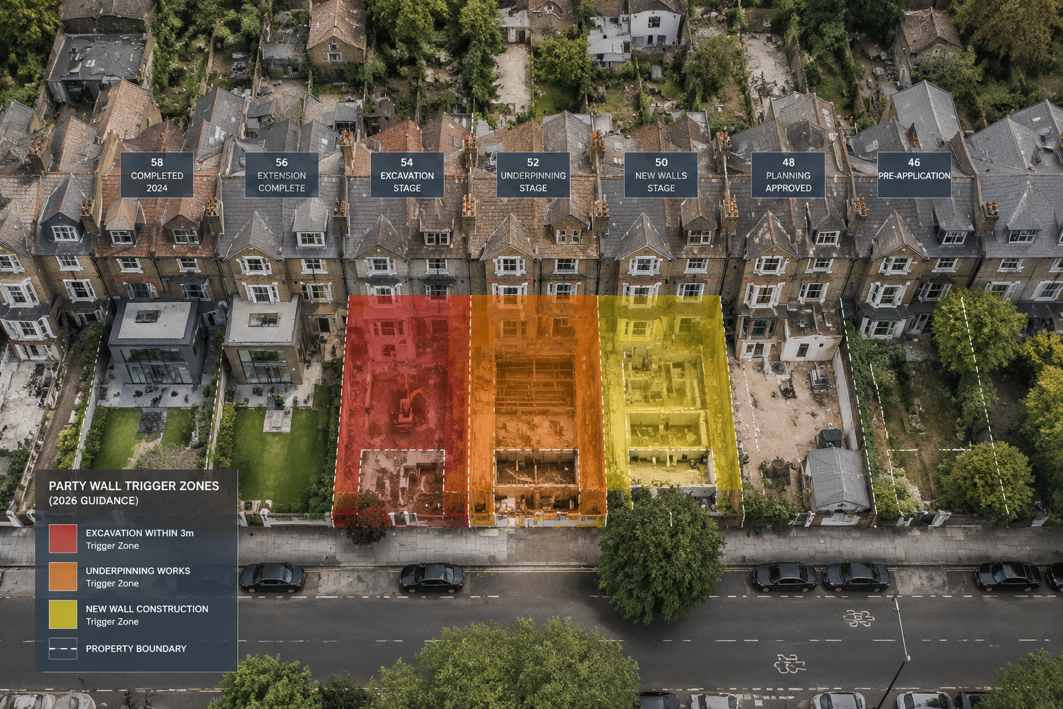 () overhead bird's-eye view of London urban street showing multiple adjoining terraced properties at various stages of rear