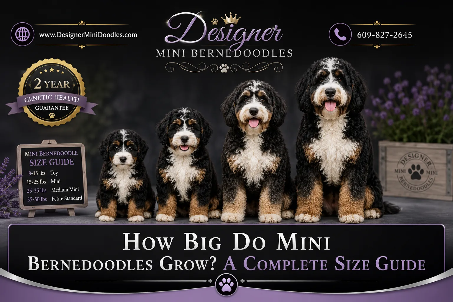 A reading "How Big Do Mini Bernedoodles Grow? A…". CRITICAL TYPOGRAPHY RULES: render the text on 1–2 lines, centered, with