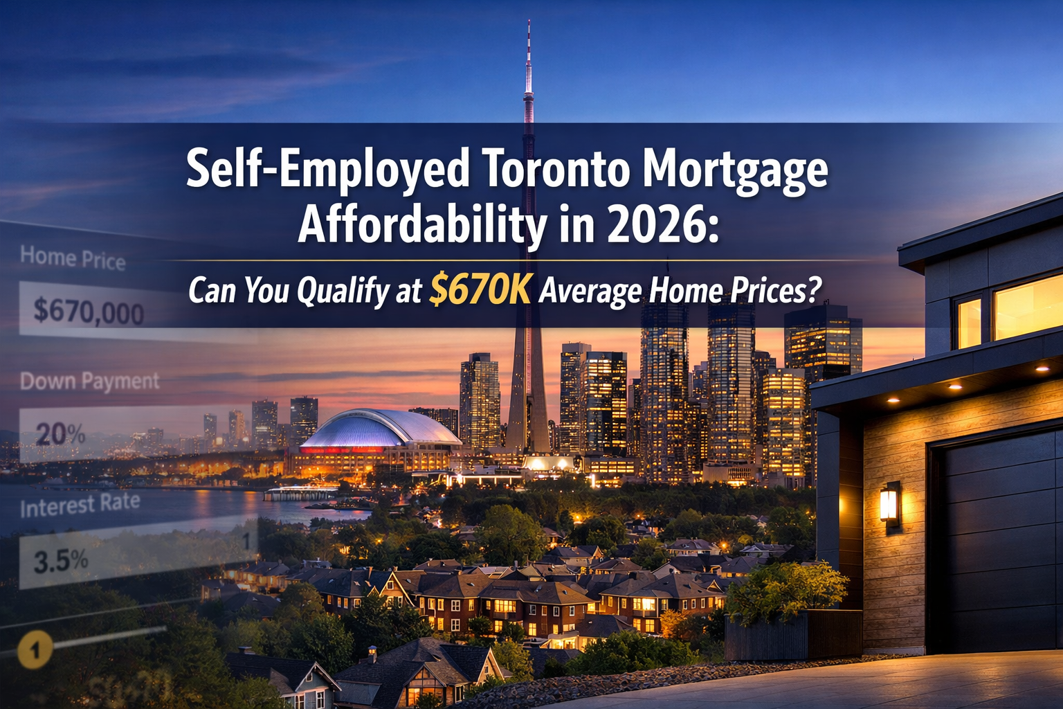 Professional () hero image featuring 'Self-Employed Toronto Mortgage Affordability in 2026: Can You Qualify at $670K Average