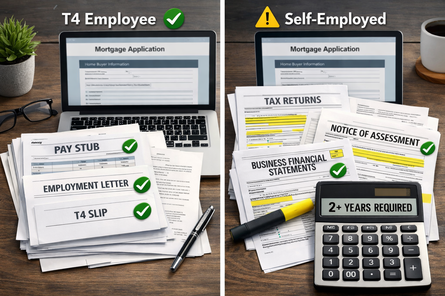 Detailed () image showing split-screen comparison: left side displays traditional T4 employee with neat paycheck stubs and