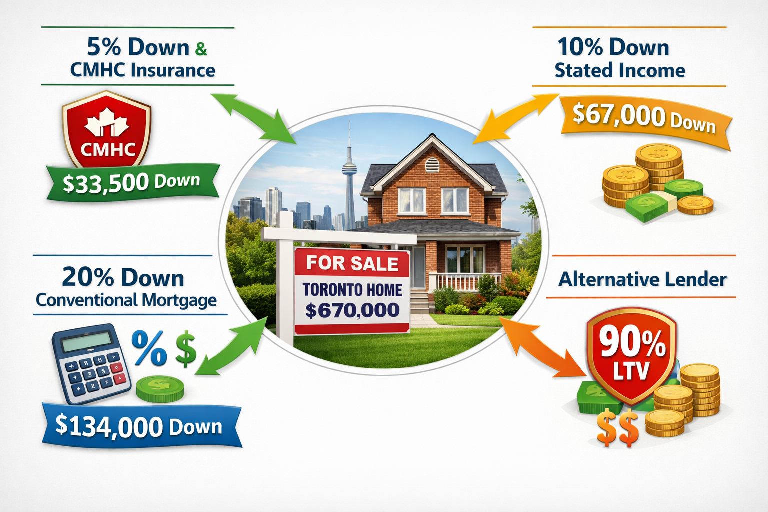 Comprehensive () infographic-style image displaying Toronto $670K home with 'FOR SALE' sign, surrounded by four distinct