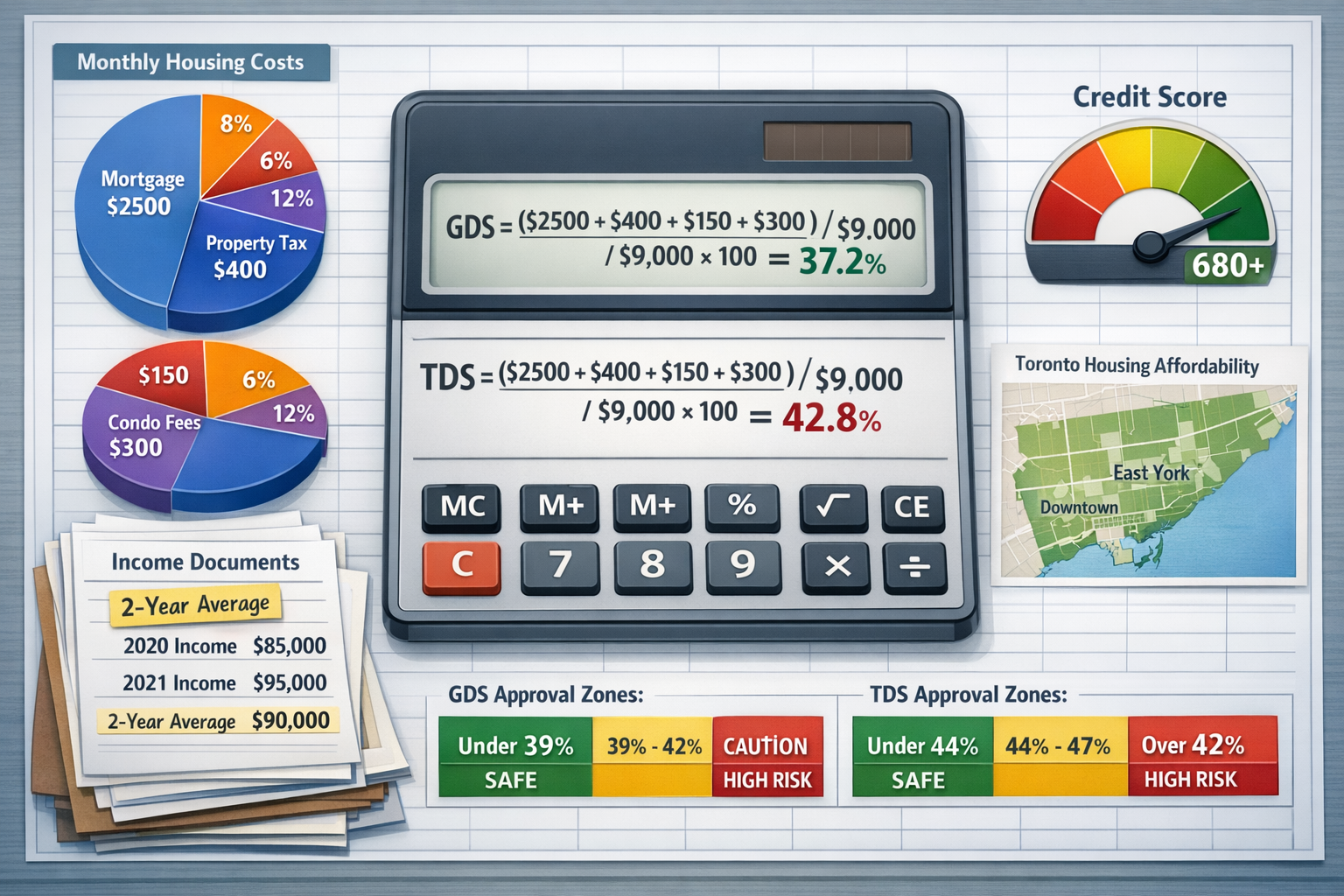 Detailed () visualization of debt service ratio calculation specifically for self-employed Toronto borrower: center features