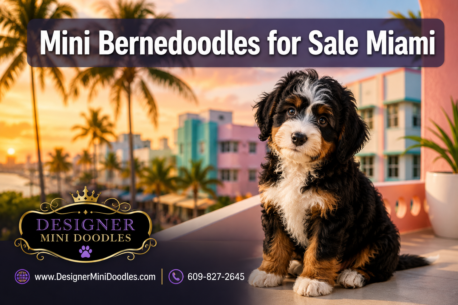 Professional () editorial hero image featuring 'Mini Bernedoodles for Sale Miami' in crisp white with subtle dark drop ,