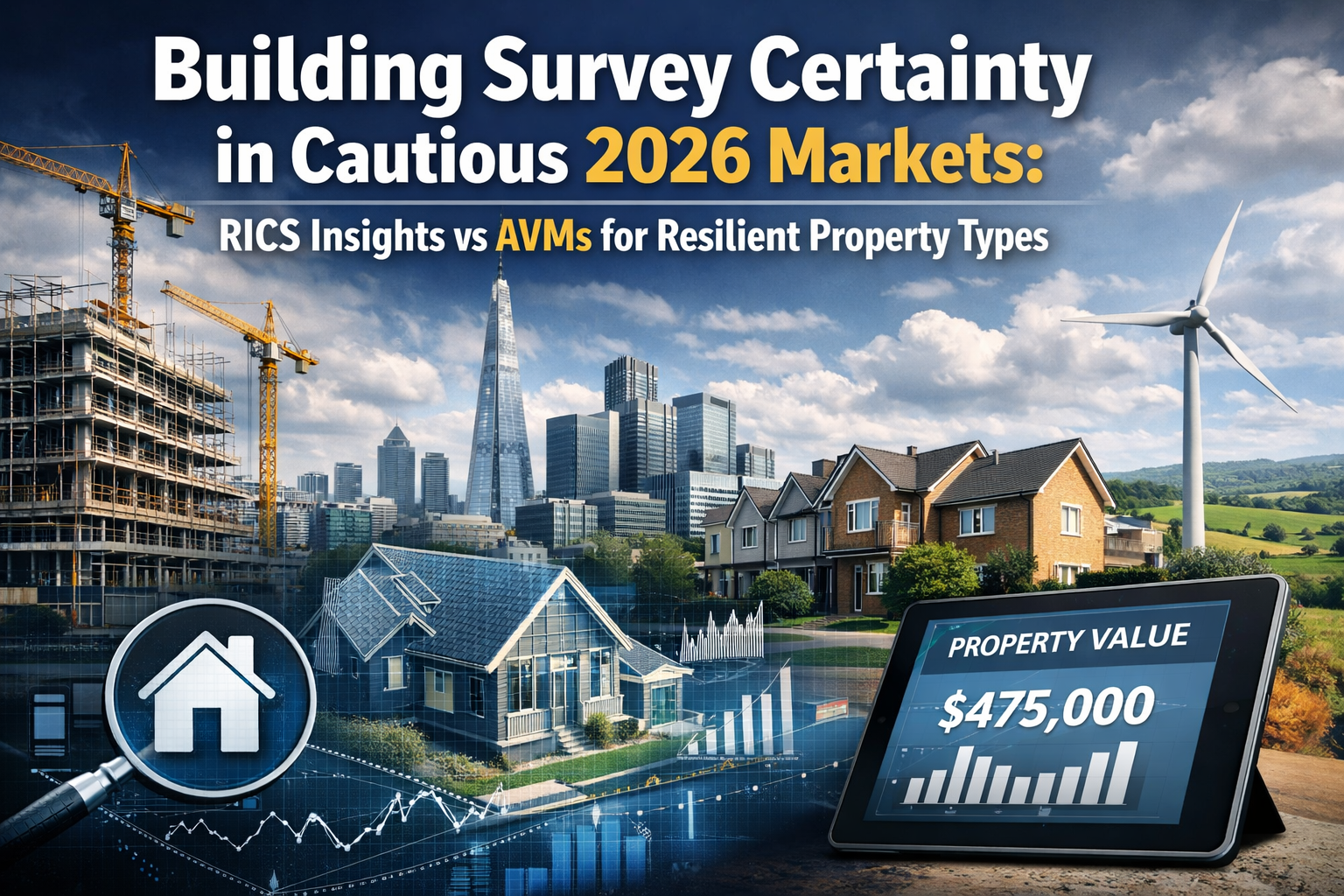 Professional landscape hero image () with : "Building Survey Certainty in Cautious 2026 Markets: RICS Insights vs AVMs for