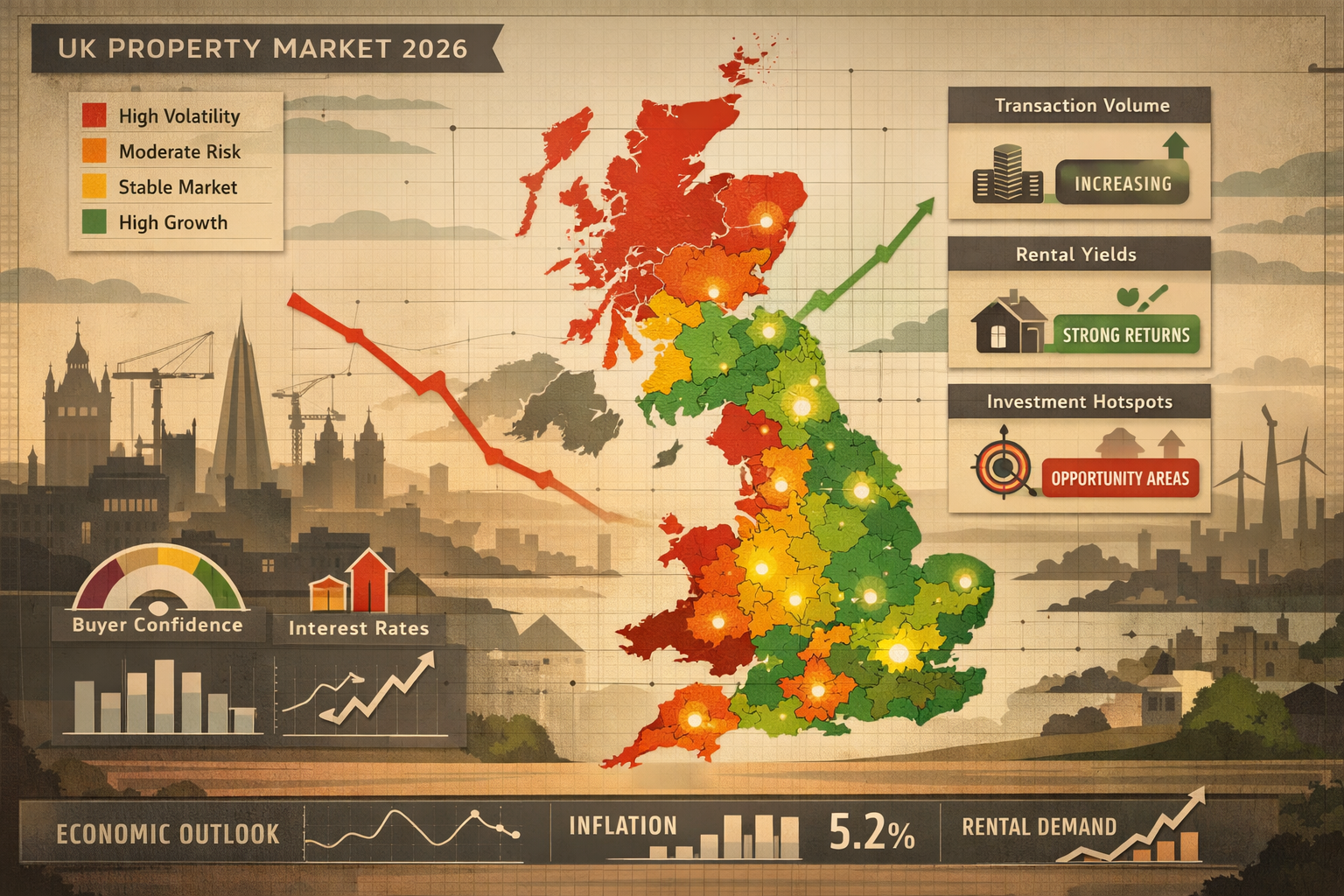 Panoramic UK property market landscape visualization depicting 2026 market dynamics, featuring a stylized map of Britain