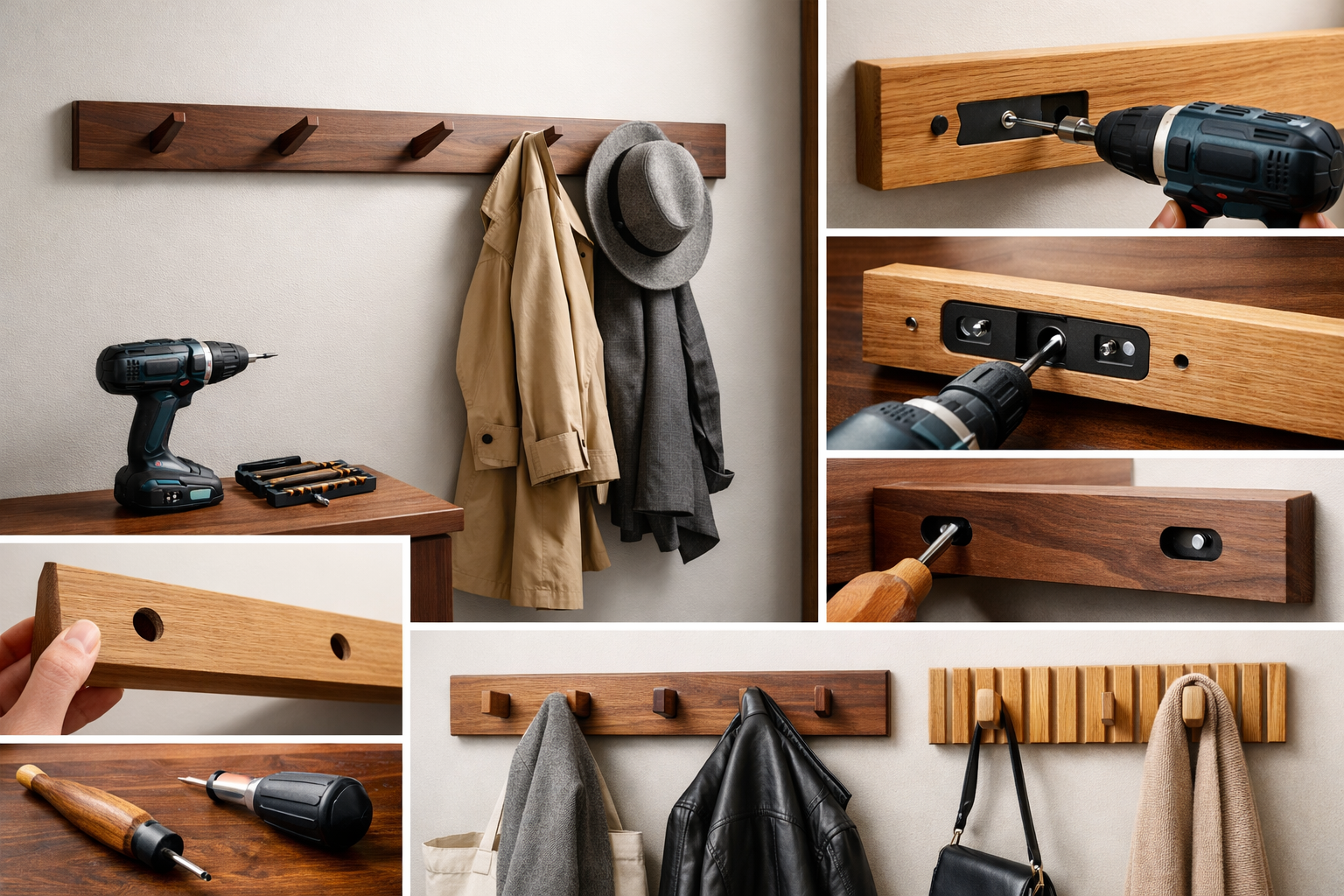 A beautifully composed landscape image (1536x1024) showcasing various minimalist wall-mounted coat rack designs made from different woods li