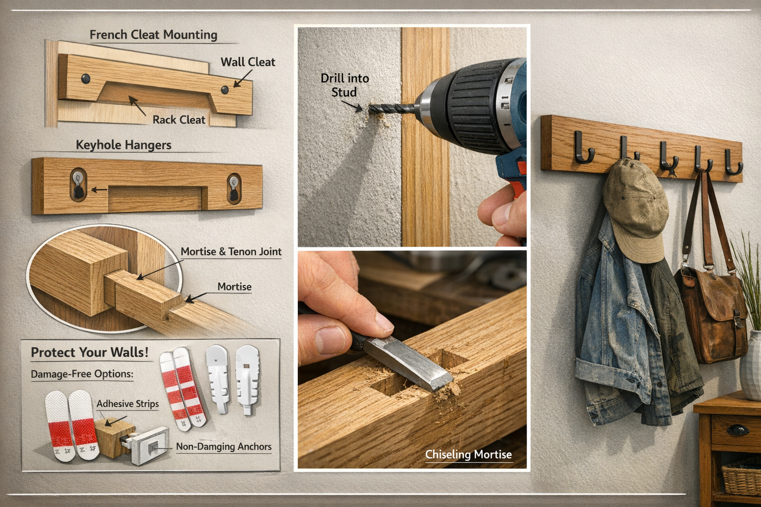 A detailed landscape image (1536x1024) illustrating the installation process of a hidden hardware wall-mounted coat rack, showing diagrams o
