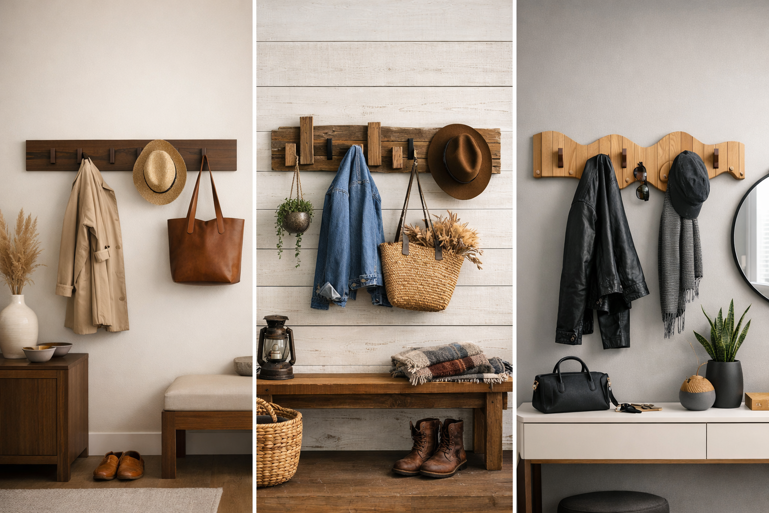 An inspirational landscape image (1536x1024) featuring diverse entryway styles enhanced by Wall-Mounted Coat Racks: Functional Art for Entry