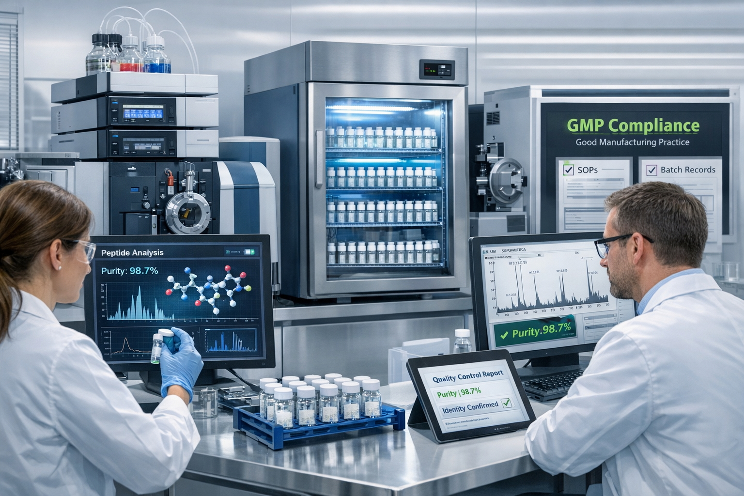 Modern laboratory scene showing peptide synthesis equipment with HPLC machines, mass spectrometers, and quality control stations. Scientists