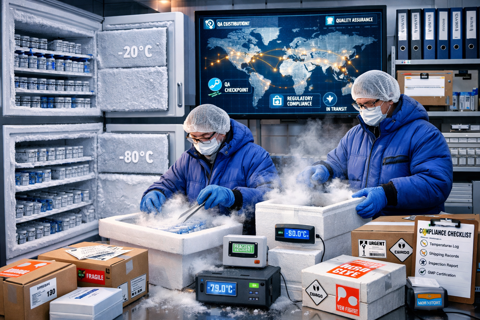 Professional distribution center with temperature-controlled storage areas showing peptide vials in organized freezer units at -20°C and -80
