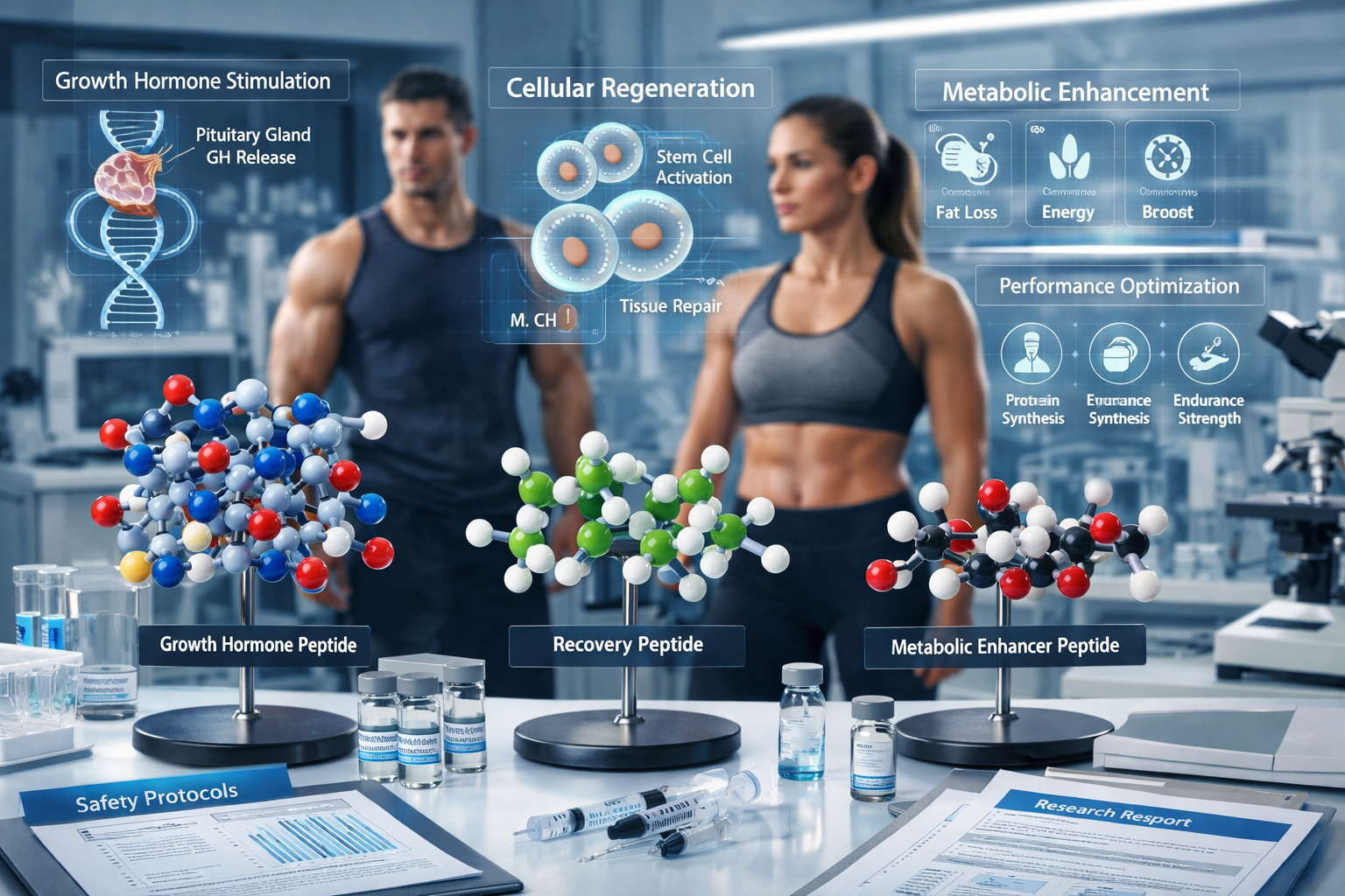 Research laboratory scene focused on peptide applications for fitness and longevity with molecular models of growth hormone peptides, recove