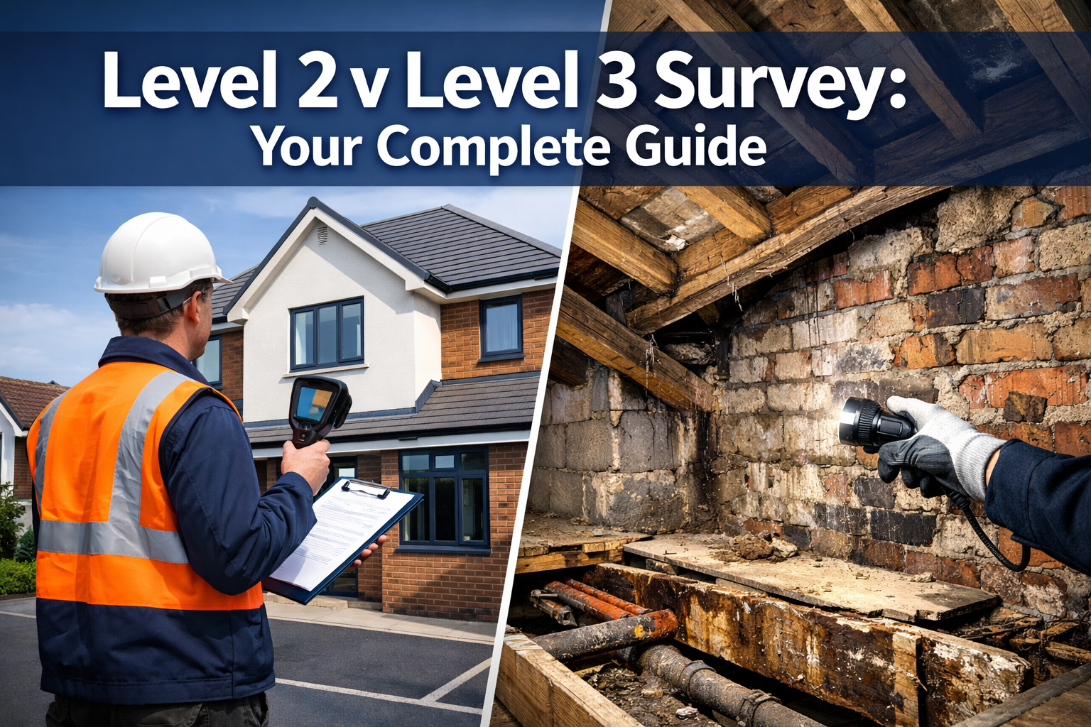 Professional landscape hero image (1536x1024) featuring bold text overlay 'Level 2 v Level 3 Survey: Your Complete Guide' in extra large 72p