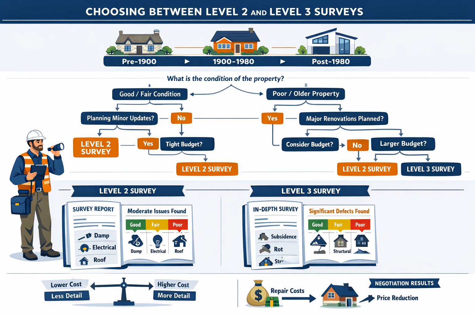 Detailed landscape decision-making flowchart illustration (1536x1024) showing step-by-step guide for choosing between Level 2 and Level 3 su