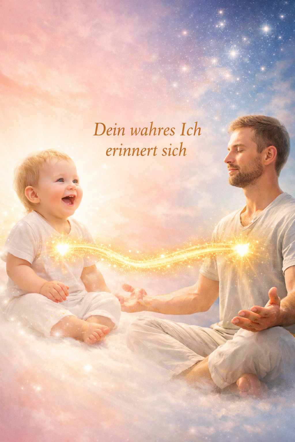 Portrait/Pinterest format () showing two versions of the same person facing each other – one as a radiant laughing