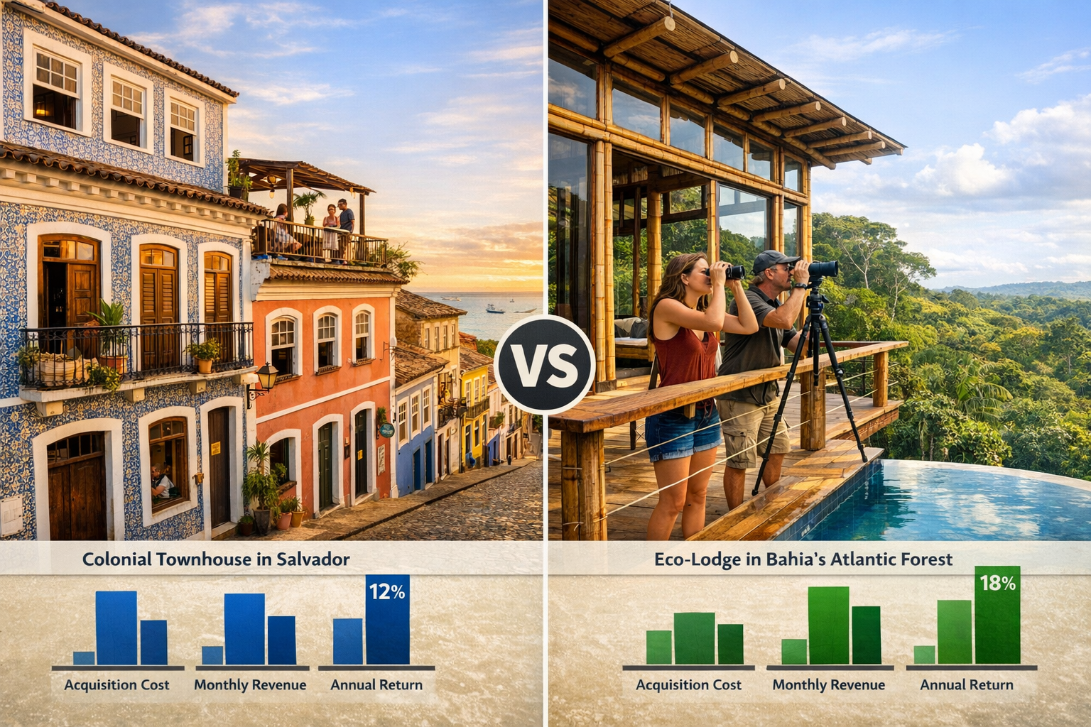 () split-screen comparison image showing two distinct property types for Northeast Brazil Airbnb investments. Left side: