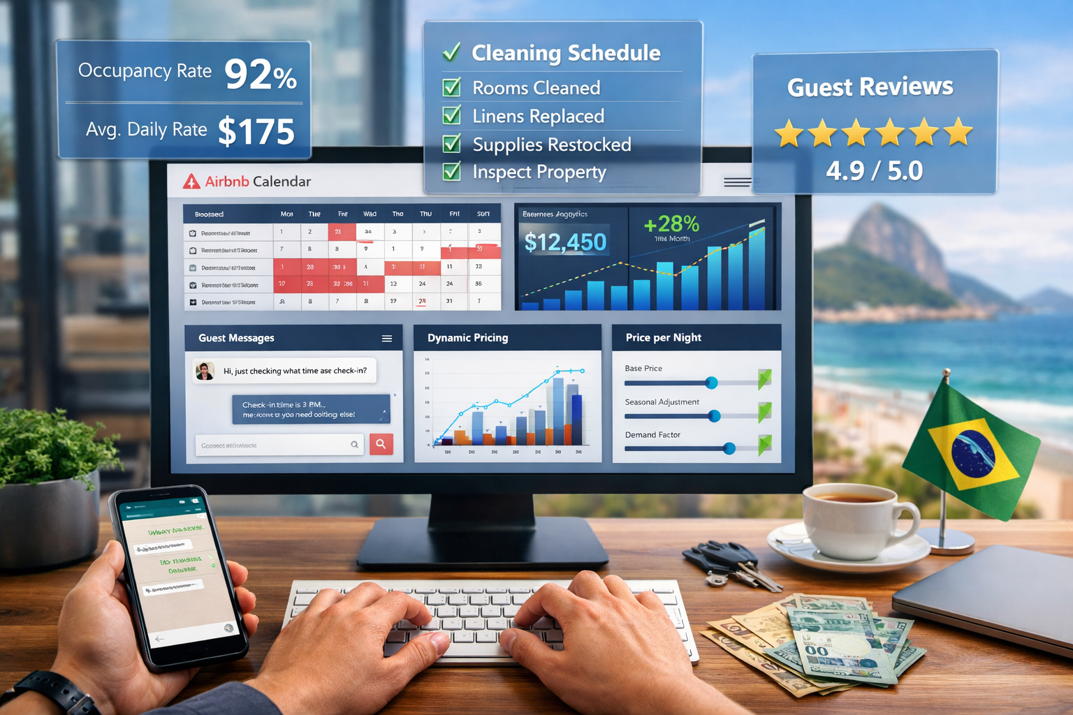 () professional business concept image showing property management dashboard on large desktop monitor in modern co-working