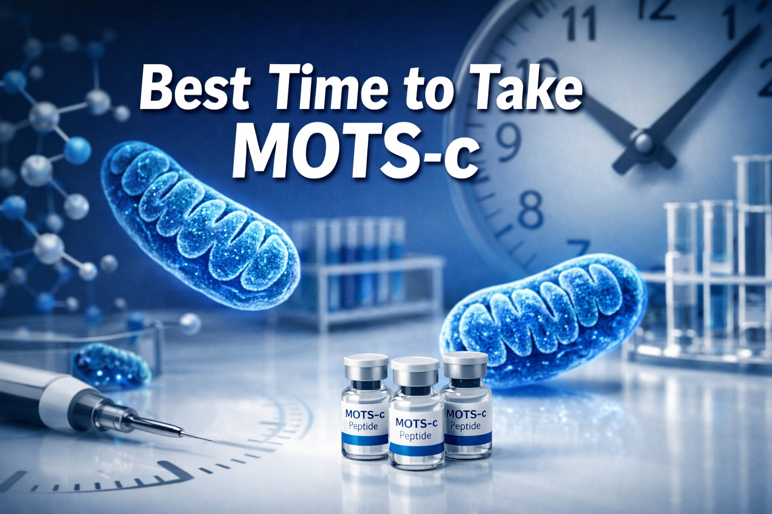 Professional landscape format (1536x1024) hero image featuring bold text overlay 'Best Time to Take MOTS-c' in extra large 72pt white sans-s