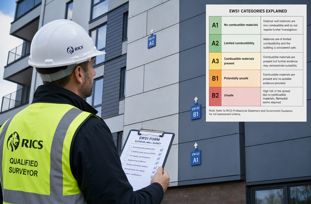 () editorial illustration showing a RICS-qualified residential surveyor in a hard hat and hi-vis vest standing before a
