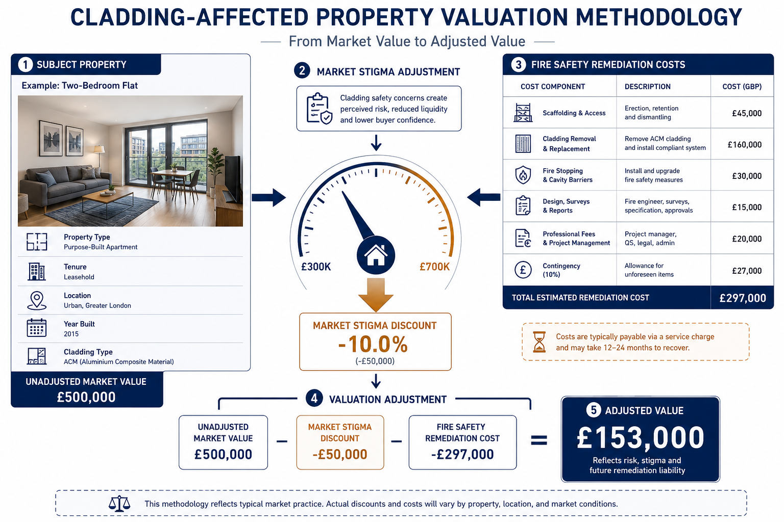 () infographic-style editorial image showing a structured valuation methodology flowchart for cladding-affected properties.