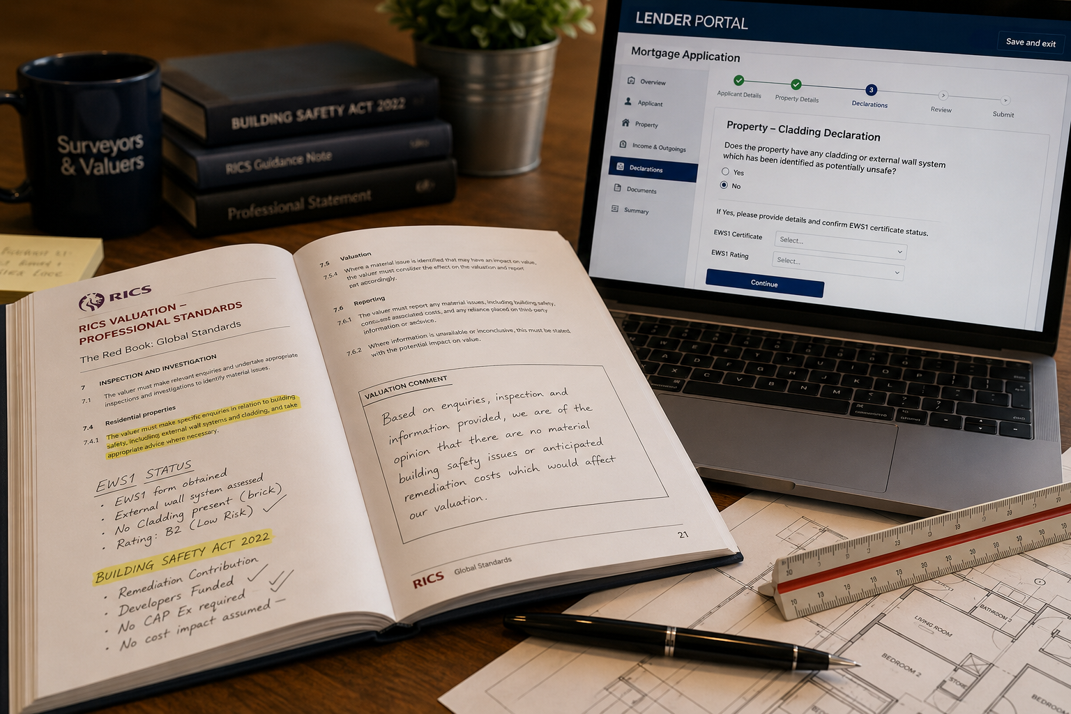 () close-up documentary photograph of a surveyor's desk with a RICS Red Book valuation report open, showing handwritten