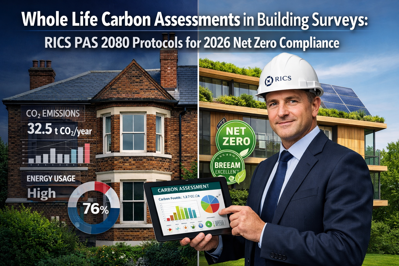 Professional () hero image with 'Whole Life Carbon Assessments in Building Surveys: RICS PAS 2080 Protocols for 2026 Net