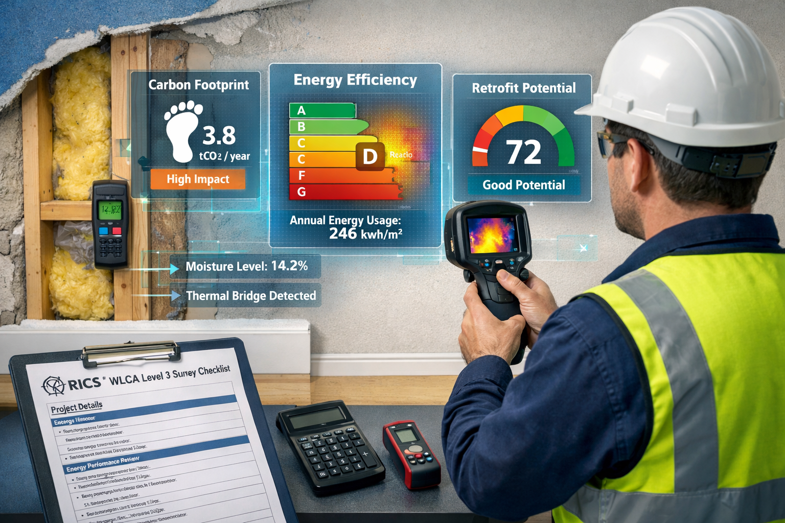 Detailed () editorial image showing professional building surveyor conducting Level 3 survey inside residential property