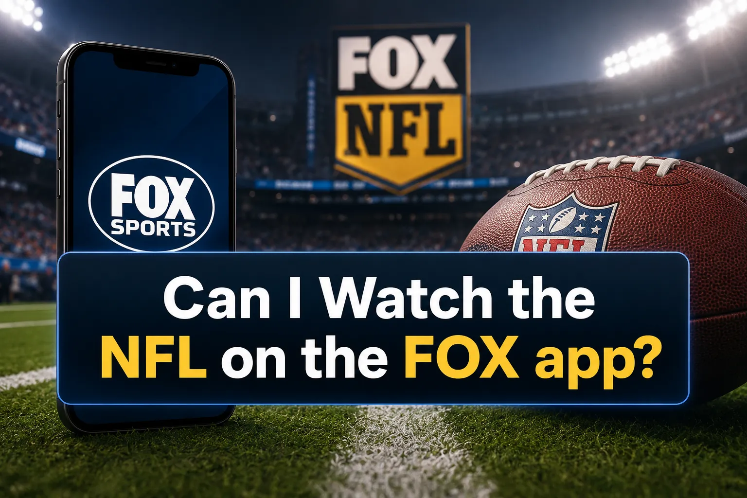 A reading "Can I Watch the NFL on the FOX app?". CRITICAL TYPOGRAPHY RULES: render the text on 1–2 lines, centered, with
