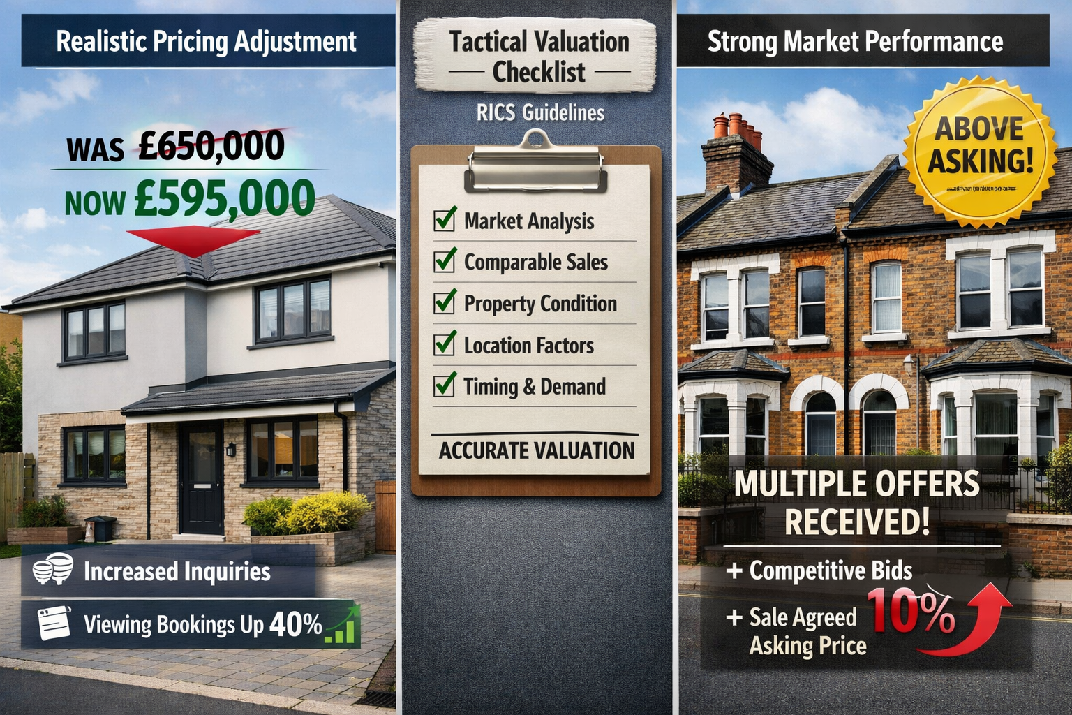 Detailed landscape format (1536x1024) split comparison image showing two property valuation scenarios. Left panel: Southern England property