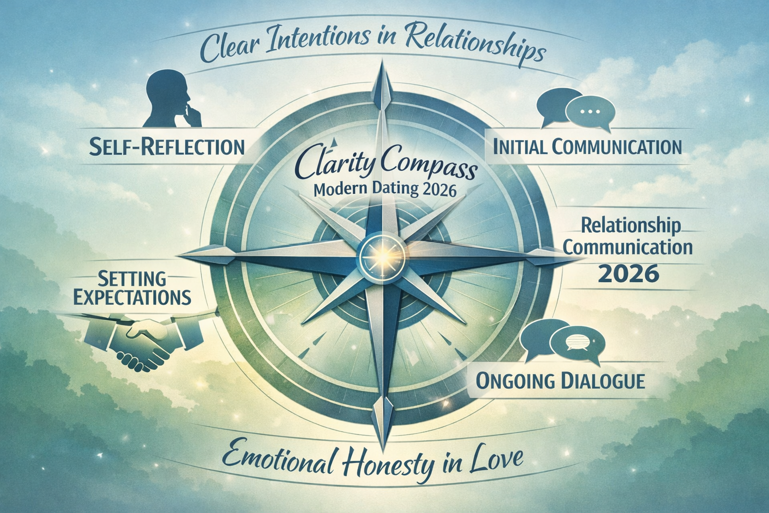 Clear-Coding Love: State Your Clear Intentions Early for Lasting Bonds in 2026 2 A compass graphic labeled "Clarity Compass Modern Dating 2026" features sections on self-reflection, setting expectations, initial communication, ongoing dialogue, and relationship communication 2026.