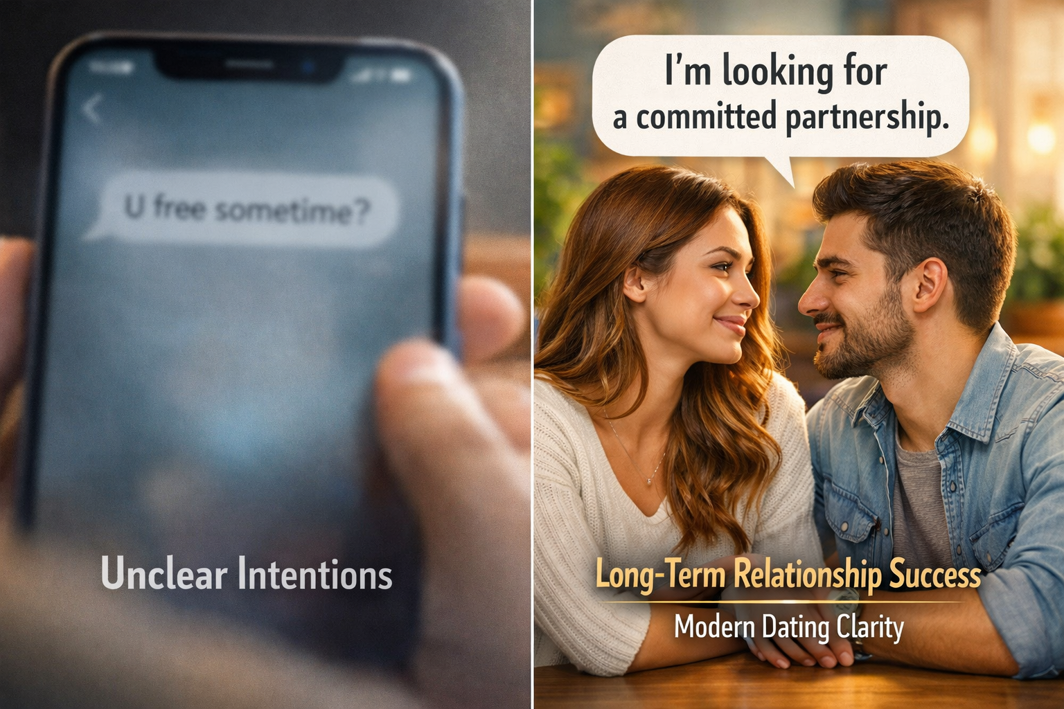 Clear-Coding Love: State Your Clear Intentions Early for Lasting Bonds in 2026 3 Split image: Left side shows a phone with vague text, "U free sometime?" labeled "Unclear Intentions." Right side shows a smiling couple, text bubble, "I'm looking for a committed partnership," highlighting healthy relationship communication in 2026.