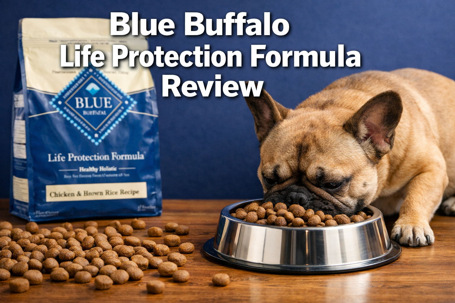 Professional landscape format (1536x1024) hero image featuring bold text overlay 'Blue Buffalo Life Protection Formula Review' in extra larg