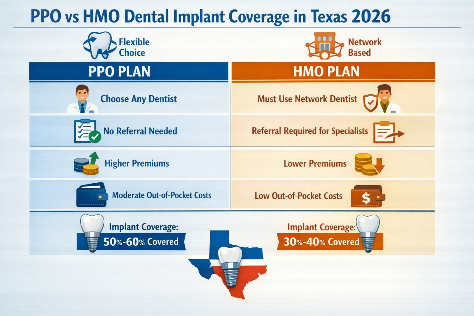 A detailed infographic in landscape format (1536x1024) illustrating the key differences between PPO and HMO dental insurance plans specifica