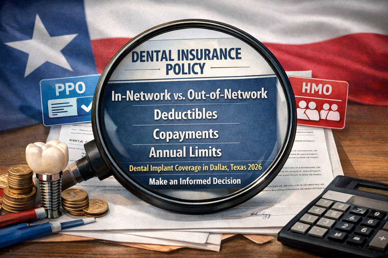 A conceptual image in landscape format (1536x1024) depicting a magnifying glass hovering over an open dental insurance policy document, with