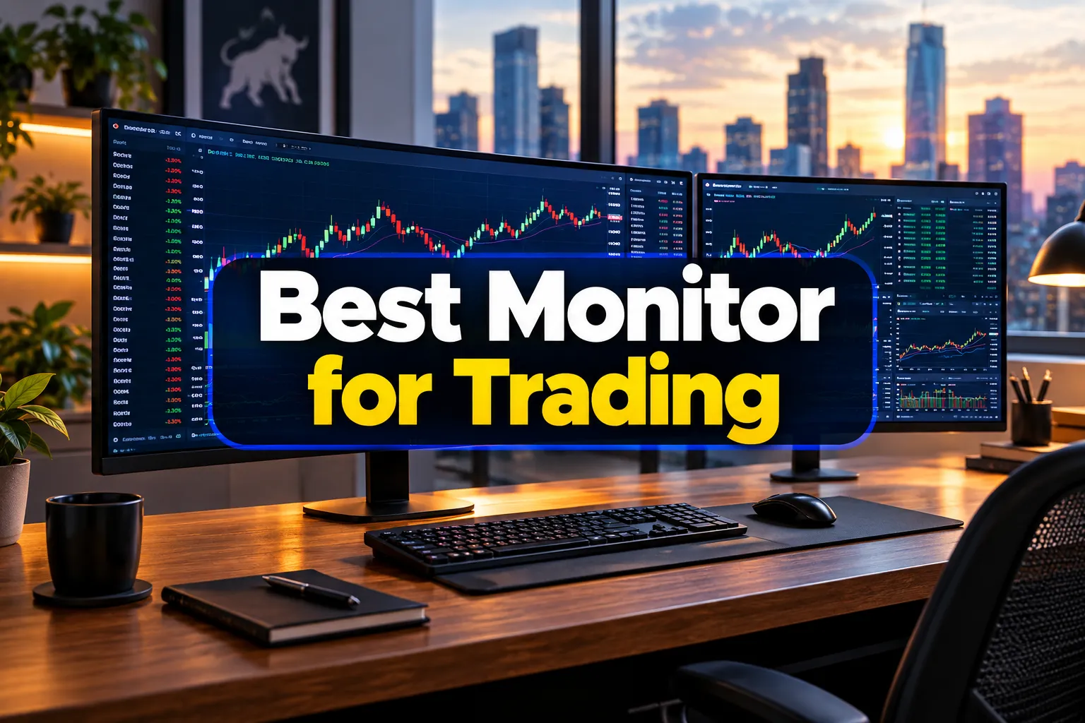 Best monitor for trading cover image with an ultrawide and a second screen at dusk