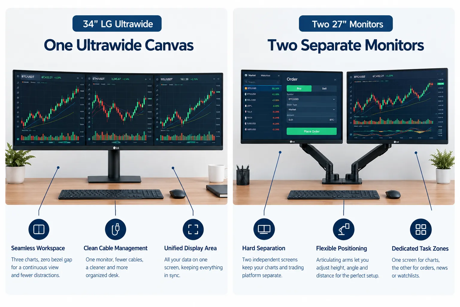 One 34-inch ultrawide canvas compared with two separate 27-inch monitors on arms