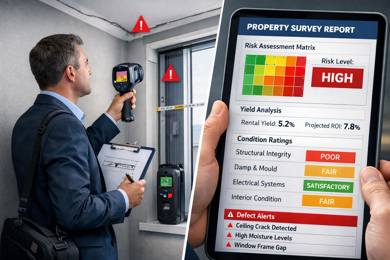 Detailed landscape format (1536x1024) image showing professional building surveyor conducting comprehensive property assessment inside moder