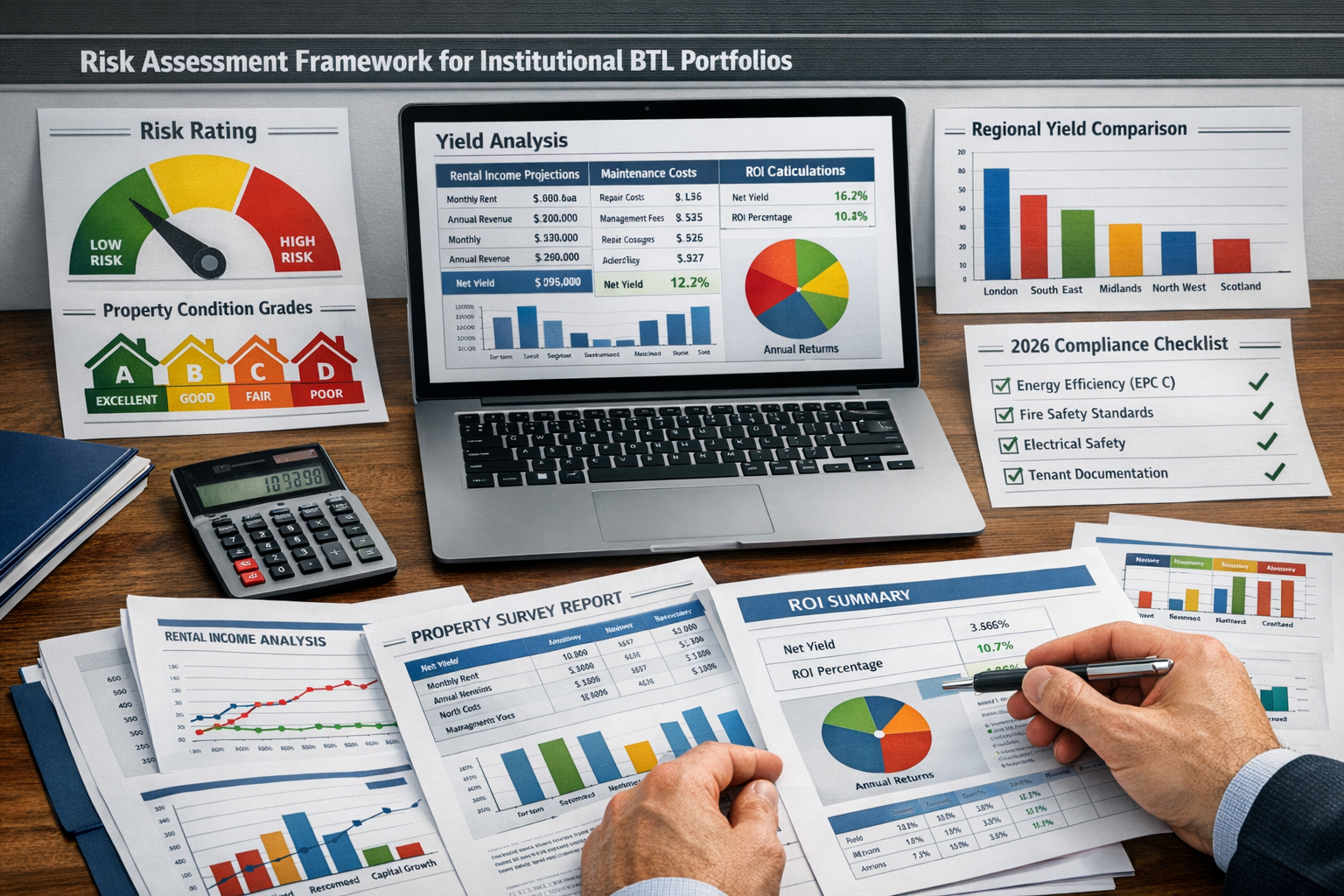 Landscape format (1536x1024) infographic-style image displaying risk assessment framework for institutional BTL portfolios. Central focus on