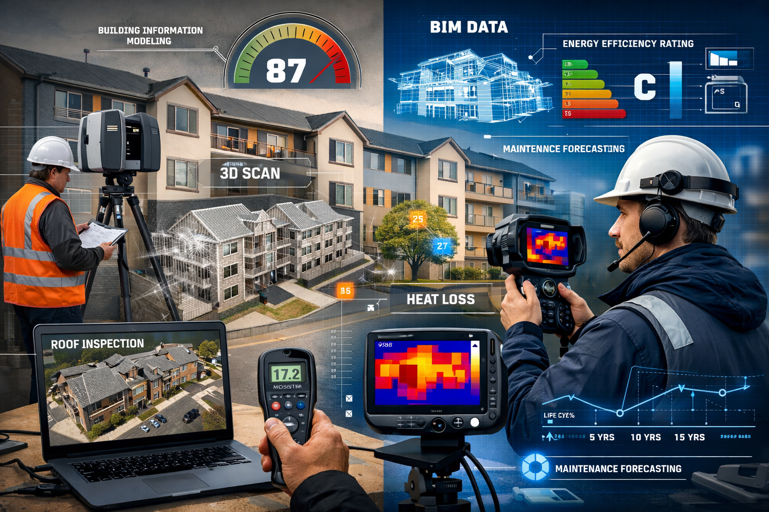 Landscape format (1536x1024) image showcasing specialized survey technology and methodologies for institutional BTL assessments. Modern surv