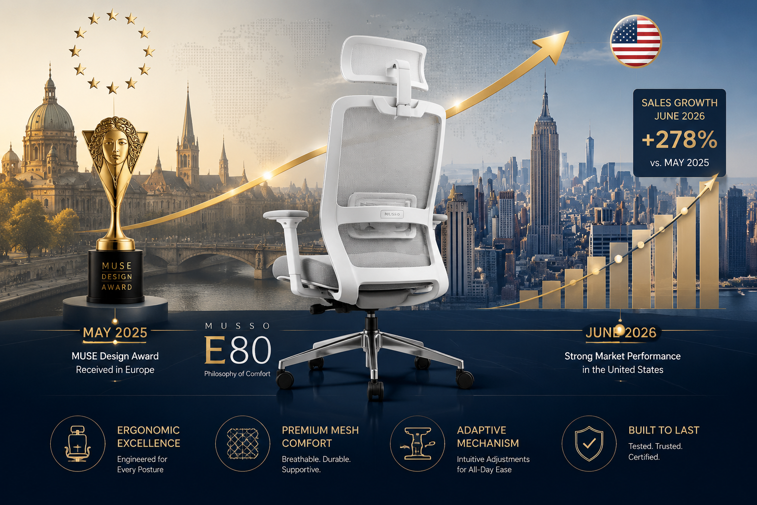 MUSSO E80 Muse Office Chair Landscape format (1536x1024) editorial illustration showing a stylized timeline graphic: left side features European city skyline silhouette with a gold trophy labeled 'MUSE Design Award', connected by an upward-trending arrow to right side showing US city skyline with rising bar chart representing sales growth in June 2026. MUSSO E80 Muse office chair rendered in center foreground in photorealistic detail, white mesh back and adjustable headrest visible. Color scheme: warm gold, navy, white. Clean infographic aesthetic with data annotations, professional editorial quality. What Makes the MUSSO E80 Muse Stand Out Review 2026