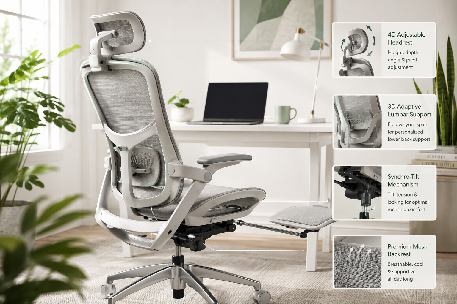 MUSSO E80 Muse Office Chair Landscape format (1536x1024) close-up product photography style image of the MUSSO E80 Muse ergonomic office chair from a 45-degree angle, highlighting the 4D adjustable headrest, 3D lumbar support curve, and extendable footrest in extended position. Chair shown in a bright, airy home office setting with natural light, potted plants, and a minimalist white desk. Inset callout boxes with labels pointing to key ergonomic features: lumbar support, tilt mechanism, mesh breathability. Color palette: soft white, light gray, sage green accents. Editorial product photography quality, 1536x1024 landscape. What Makes the MUSSO E80 Muse Stand Out