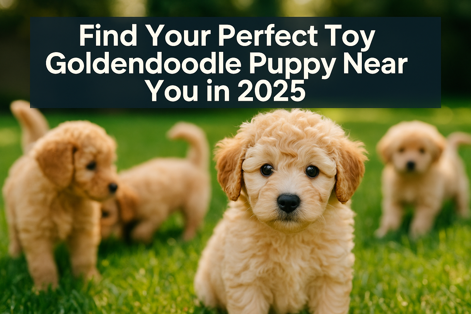 Professional landscape hero image (1536x1024) featuring bold text overlay 'Find Your Perfect Toy Goldendoodle Puppy Near You in 2025' in ext