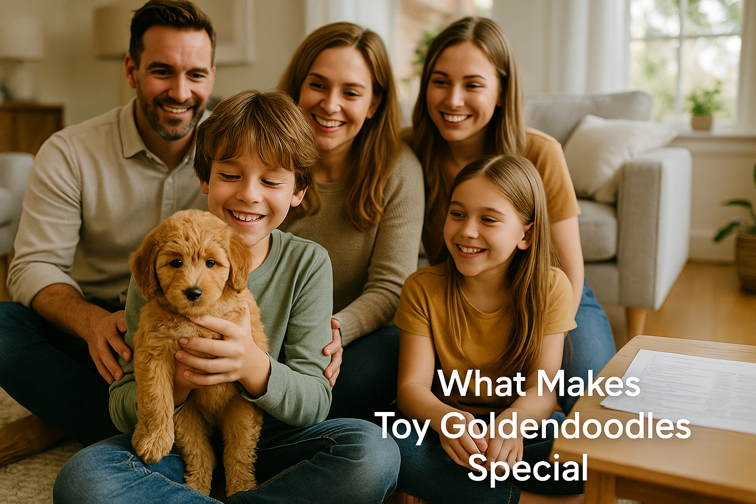 Detailed landscape editorial photograph (1536x1024) showing a happy family with children sitting on living room floor meeting their new toy