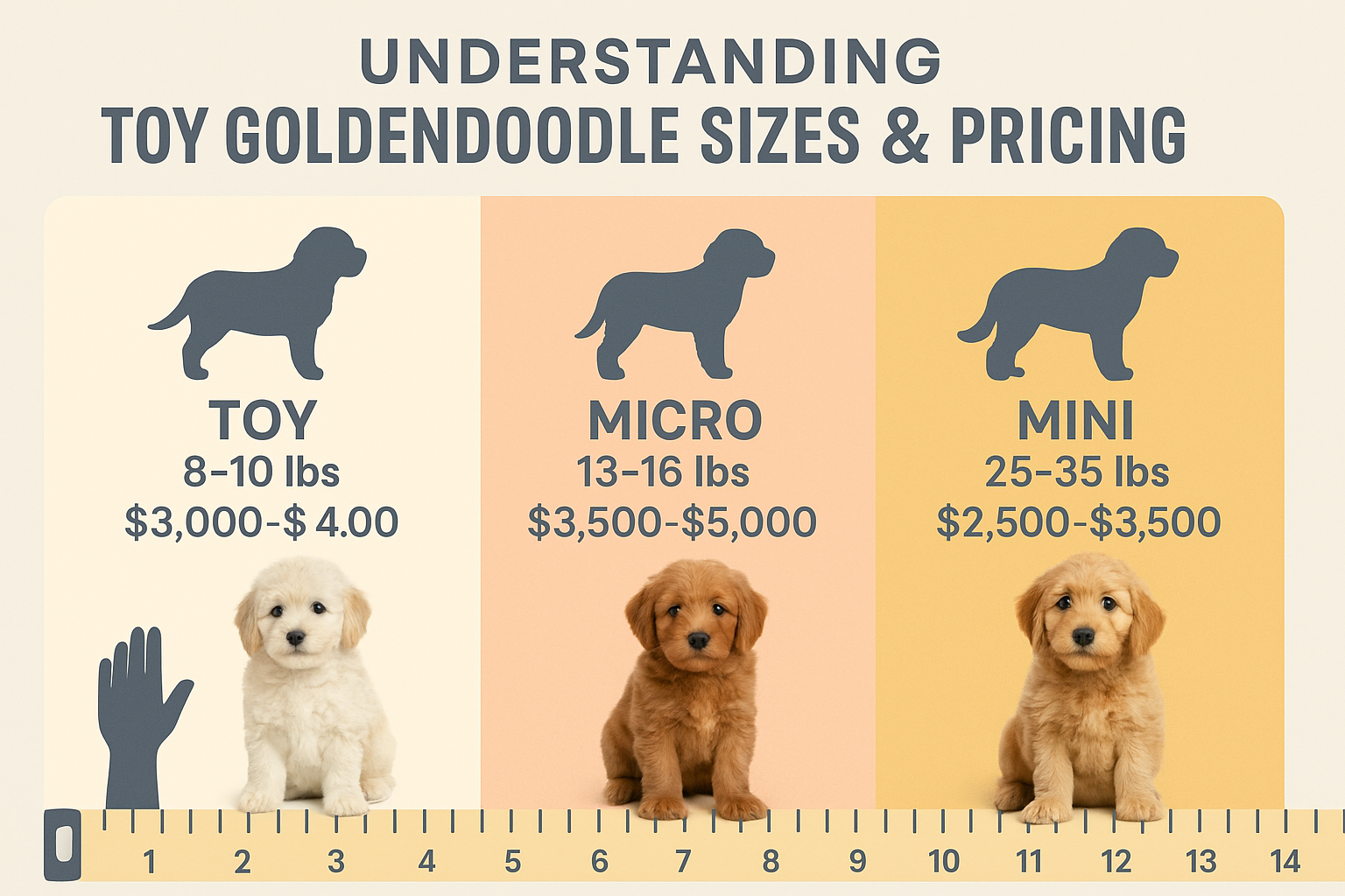 High-quality landscape infographic image (1536x1024) displaying size comparison chart of toy, micro, and mini goldendoodle puppies with actu