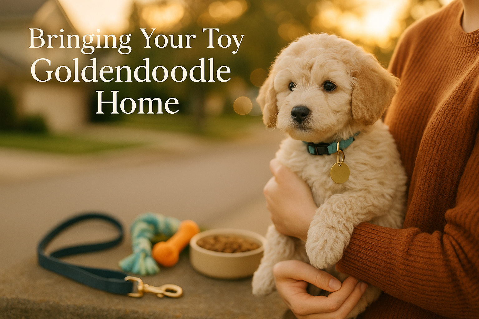 Heartwarming landscape photograph (1536x1024) of new toy goldendoodle puppy owner holding their cream-colored curly puppy in arms outdoors,