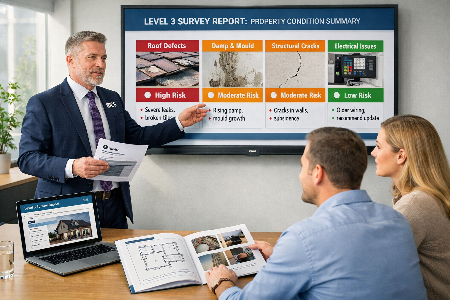 () professional scene showing RICS surveyor presenting comprehensive Level 3 survey report to property buyers in modern