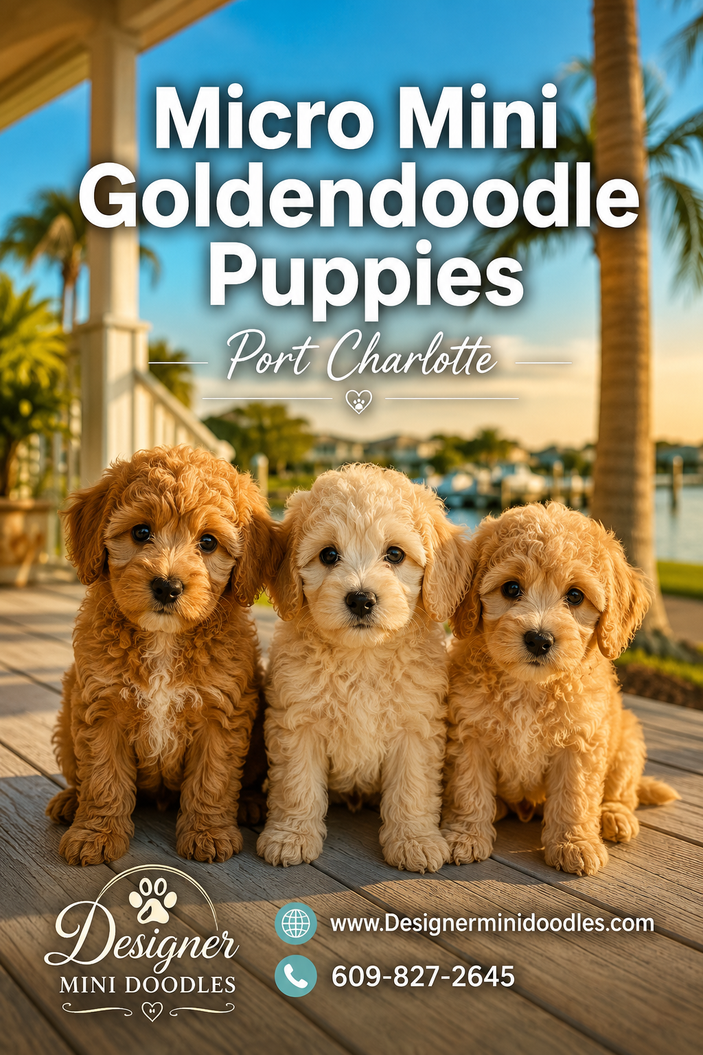 Professional () magazine-style hero image featuring three micro mini goldendoodle puppies sitting on a sunlit Florida porch