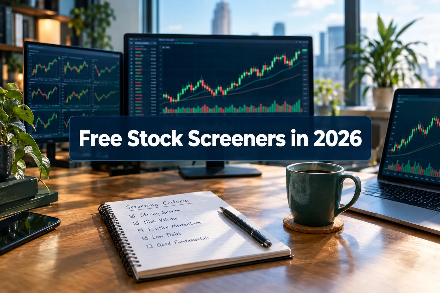 Free stock screener cover image with chart monitors and a handwritten screening criteria list
