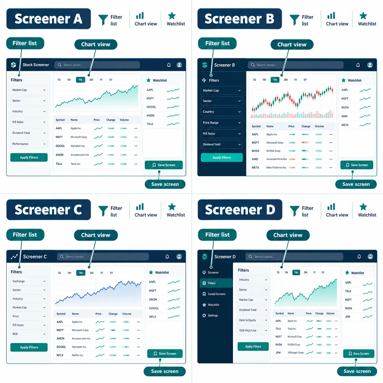 Four free stock screener layouts compared by filter list, chart view and watchlist
