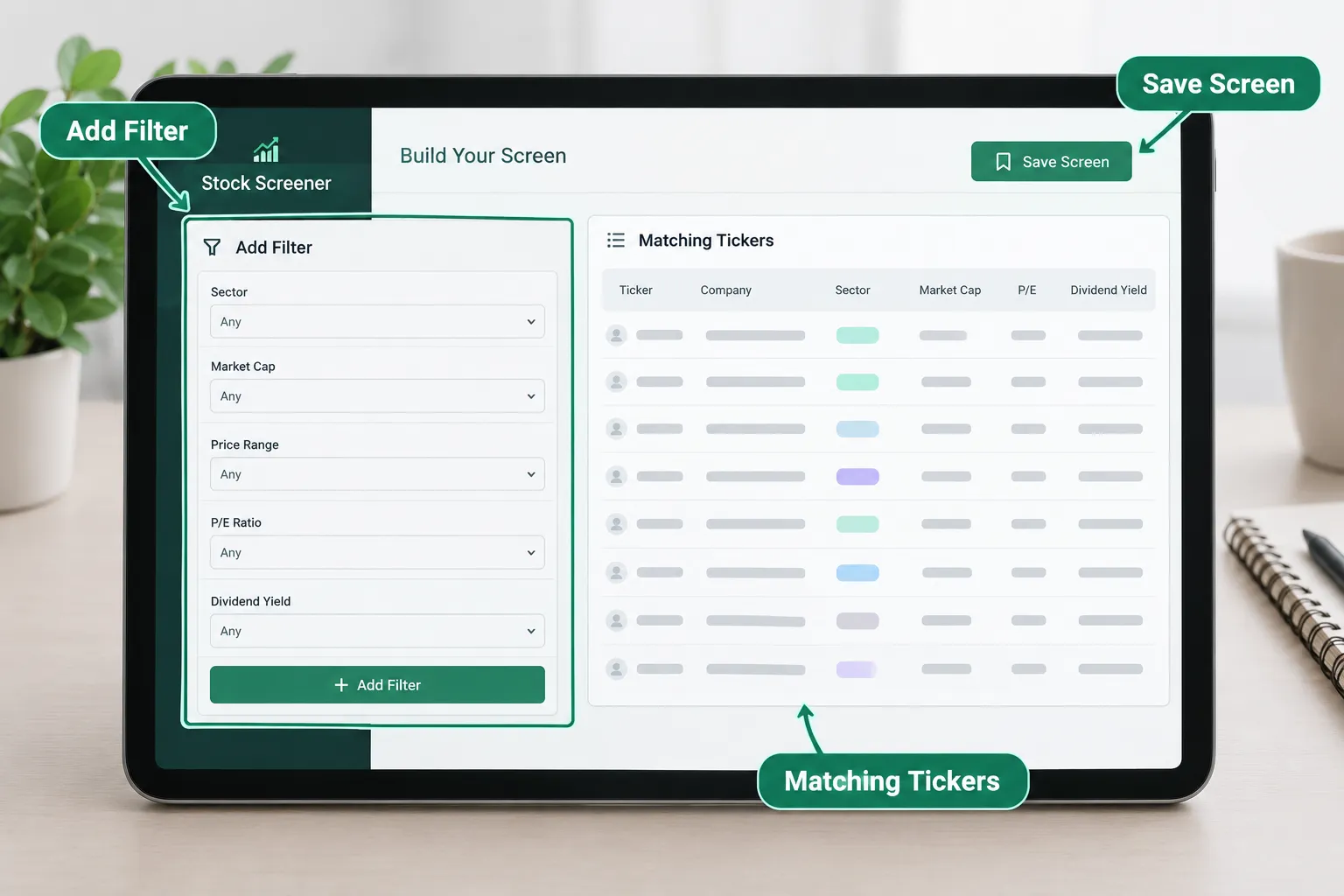 Build your screen: add filter, save screen and matching tickers on a tablet